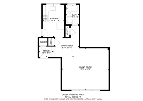 Floor plan for studio, 1 bath, 490 sqft